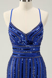 Sparkly Royal Blue Tight Sequined Spaghetti Straps Mini Dress