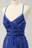 Sparkly Royal Blue Tight Sequined Spaghetti Straps Mini Dress