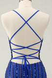 Sparkly Royal Blue Tight Sequined Spaghetti Straps Mini Dress