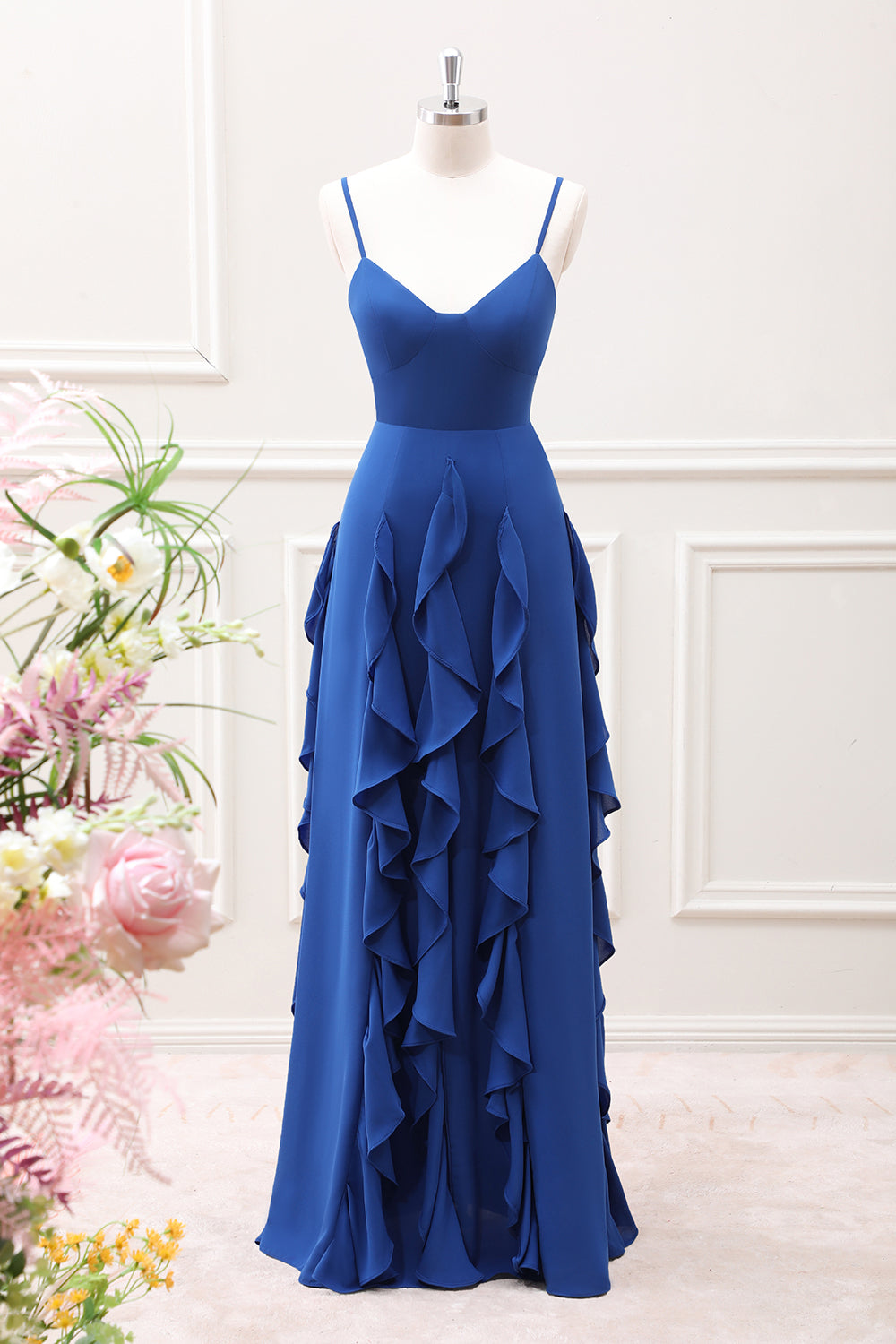 Berylove Women Dark Blue Bridesmaid Dress with Ruffles Spaghetti Straps A Line Maxi Wedding Guest Dress, Pink / US12 Berylove Women Dark Blue Bridesmaid Dress with Ruffles Spaghetti Straps A Line Maxi Wedding Guest Dress, Pink / US12