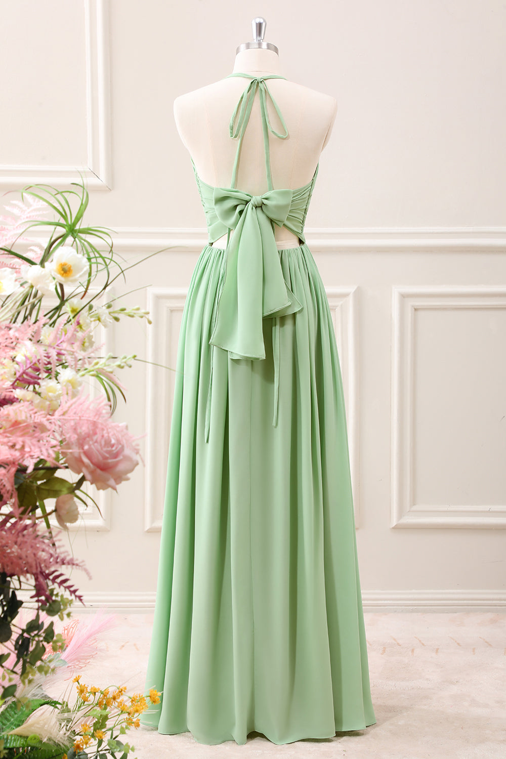 Berylove Women Light Green A Line Bridesmaid Dress Ruffled Backless Maxi Wedding Guest Dress with Lace-up Back, chiffon color / US2 Berylove Women Light Green A Line Bridesmaid Dress Ruffled Backless Maxi Wedding Guest Dress with Lace-up Back, chiffon color / US2