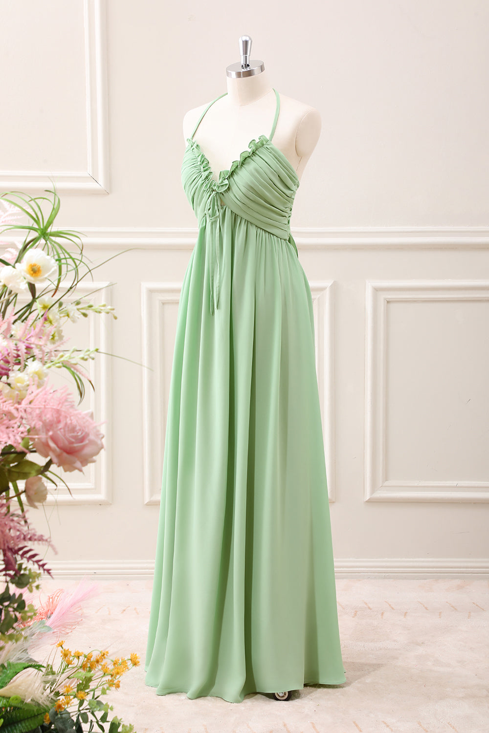 Berylove Women Light Green A Line Bridesmaid Dress Ruffled Backless Maxi Wedding Guest Dress with Lace-up Back, chiffon color / US2 Berylove Women Light Green A Line Bridesmaid Dress Ruffled Backless Maxi Wedding Guest Dress with Lace-up Back, chiffon color / US2
