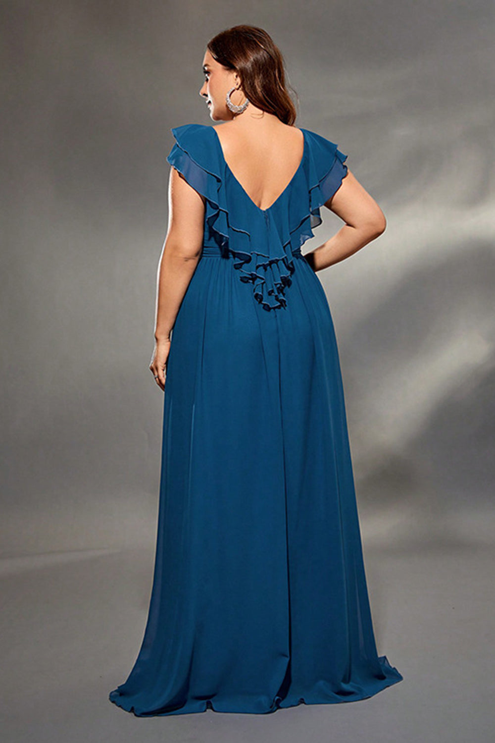 Berylove Women Maxi Mother Dress Plus Size Ink Blue A Line V Neck Ruffled Pleated Wedding Party Guest Dress