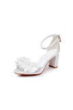 White Open Toe Ankle Strap Flower Chunky High Heels