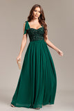 Sparkly Beading Green A Line Spaghetti Straps Maxi Dress with Slit