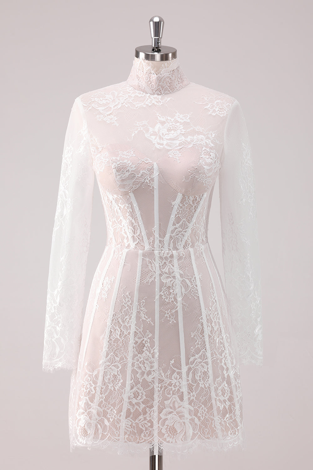 Berylove Women Delicate White Homecoming Dress Lace Corset Mini Dress with Long Sleeves, White / US10 Berylove Women Delicate White Homecoming Dress Lace Corset Mini Dress with Long Sleeves, White / US10