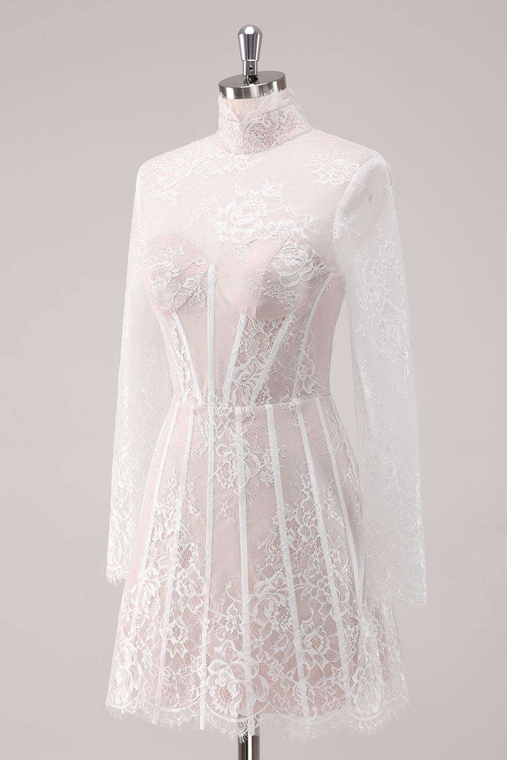 Berylove Women Delicate White Homecoming Dress Lace Corset Mini Dress with Long Sleeves, White / US10 Berylove Women Delicate White Homecoming Dress Lace Corset Mini Dress with Long Sleeves, White / US10