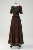 Dark Green Pleated Velvet Burnout Wedding Guest Dress with Short Sleeves