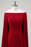 Burgundy Boat Neck Knee Length Wedding Guest Dress with Cape