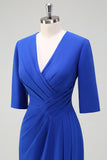 Royal Blue Ruched V Neck Wedding Guest Dress with Short Sleeves