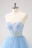 Sky Blue A Line Sweetheat Corset Tulle Mini Dress with Sequins