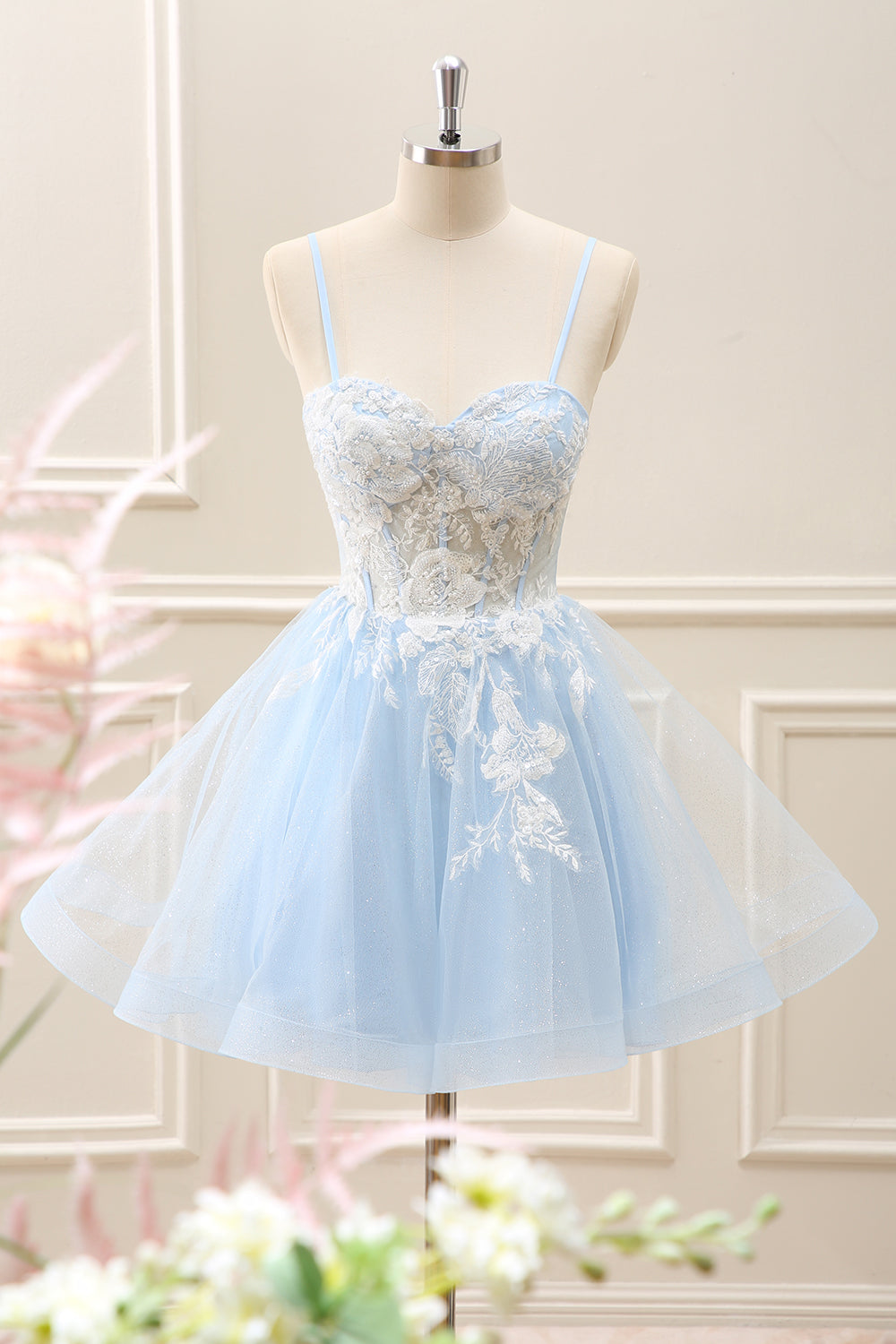 Berylove Women Elegant Blue A Line Corset Homecoming Dress Spaghetti Straps Tulle Mini Cocktail Dress with Appliques, Blue / US10 Berylove Women Elegant Blue A Line Corset Homecoming Dress Spaghetti Straps Tulle Mini Cocktail Dress with Appliques, Blue / US10