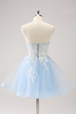 Elegant Blue Sequined A Line Corset Floral Appliques Mini Dress