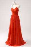Orange Halter Ruched A Line Maxi Bridesmaid Dress