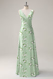 Sage White Flower A Line Print V Neck Bridesmaid Dress