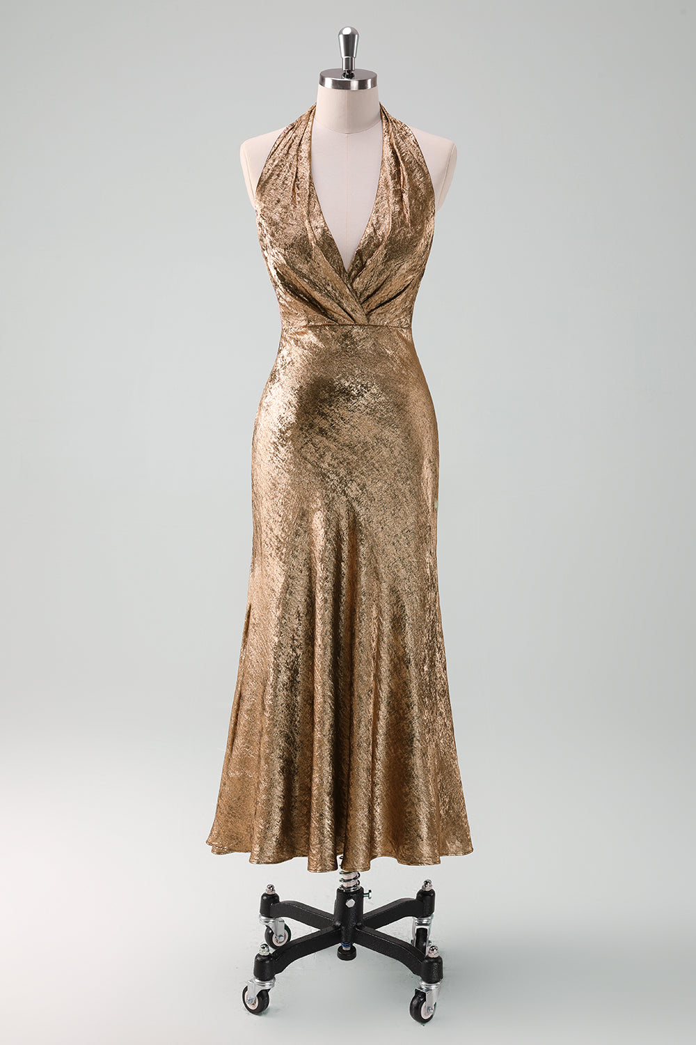 Berylove Women Glitter Golden Wedding Guest Dress Halter Sheath Tea Length Dress, Golden / US24W Berylove Women Glitter Golden Wedding Guest Dress Halter Sheath Tea Length Dress, Golden / US24W