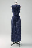 Sparkly Navy V Neck Sheath Tea Length Dress with Slit