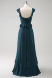 Dark Peacock Green Square Neck A Line Chiffon Bridesmaid Dress