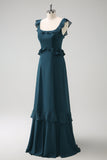 Dark Peacock Green Square Neck A Line Chiffon Bridesmaid Dress