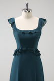 Dark Peacock Green Square Neck A Line Chiffon Bridesmaid Dress