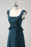 Dark Peacock Green Square Neck A Line Chiffon Bridesmaid Dress