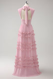 Blush Ruffled Chiffon A Line Bridesmaid Dress with Open Back
