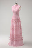 Blush Ruffled Chiffon A Line Bridesmaid Dress with Open Back