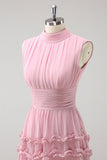 Blush Ruffled Chiffon A Line Bridesmaid Dress with Open Back