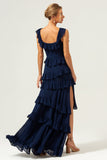 Dark Navy A Line Tiered Chiffon Maxi Bridesmaid Dress