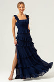 Dark Navy A Line Tiered Chiffon Maxi Bridesmaid Dress