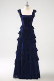 Dark Navy A Line Tiered Chiffon Maxi Bridesmaid Dress