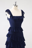 Dark Navy A Line Tiered Chiffon Maxi Bridesmaid Dress