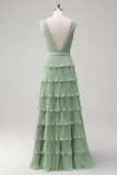 Dusty Sage Tiered Ruffle V Neck Bridesmaid Dress with Slit