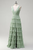 Dusty Sage Tiered Ruffle V Neck Bridesmaid Dress with Slit