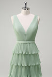 Dusty Sage Tiered Ruffle V Neck Bridesmaid Dress with Slit
