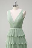Dusty Sage Tiered Ruffle V Neck Bridesmaid Dress with Slit