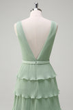 Dusty Sage Tiered Ruffle V Neck Bridesmaid Dress with Slit