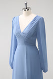A Line Grey Blue V Neck Chiffon Bridesmaid Dress with Long Sleeves