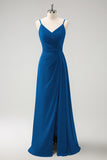 Dark Green Spaghetti Straps Ruche Long Bridesmaid Dress with Slit