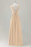 Dark Blue Ruched A Line Chiffon Corset Maxi Dress with Lace-Up Back