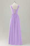 Dark Blue Ruched A Line Chiffon Corset Maxi Dress with Lace-Up Back