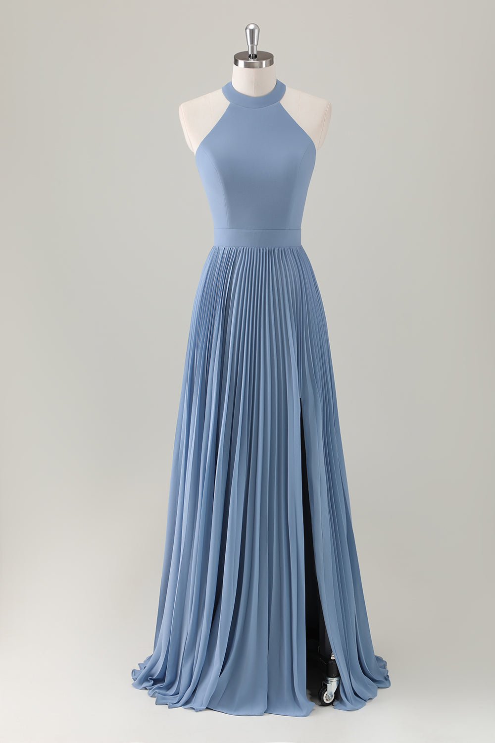 Berylove Women Grey Blue Pleated Bridesmaid Dress with Slit A Line Halter Backless Maxi Wedding Guest Dress, Grey Blue / US6 Berylove Women Grey Blue Pleated Bridesmaid Dress with Slit A Line Halter Backless Maxi Wedding Guest Dress, Grey Blue / US6