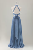 Grey Blue A Line Halter Pleated Maxi Dress with Slit