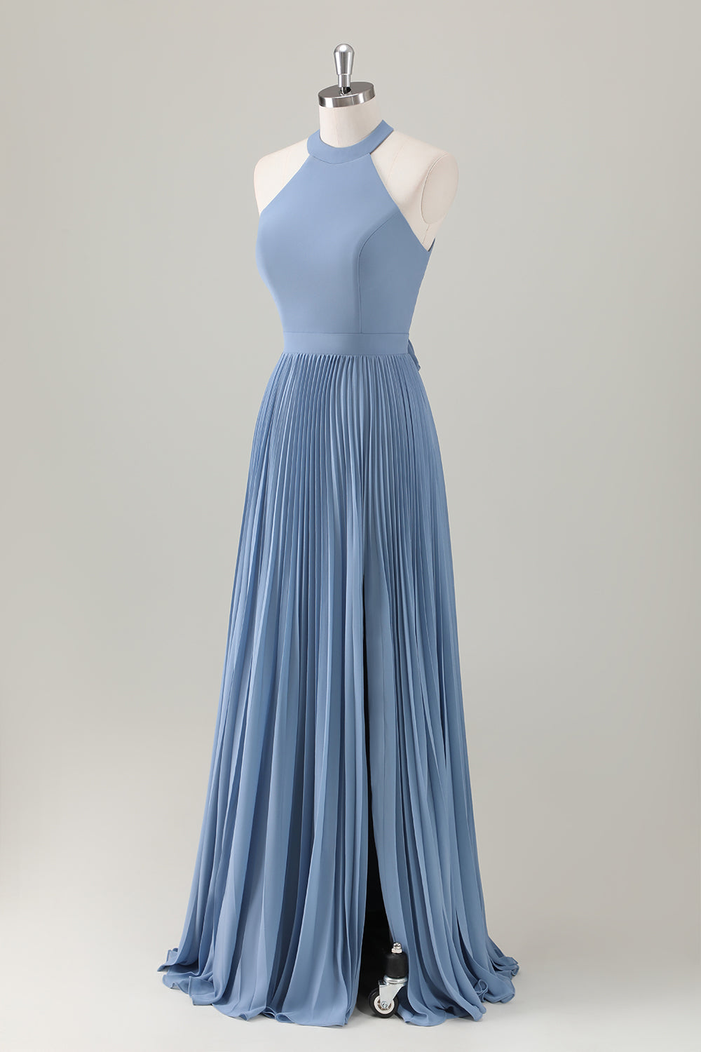Berylove Women Grey Blue Pleated Bridesmaid Dress with Slit A Line Halter Backless Maxi Wedding Guest Dress, Grey Blue / US6 Berylove Women Grey Blue Pleated Bridesmaid Dress with Slit A Line Halter Backless Maxi Wedding Guest Dress, Grey Blue / US6