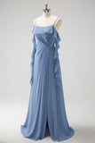 Grey Blue A Line Spaghetti Straps Chiffon Long Bridesmaid Dress with Slit