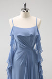 Grey Blue A Line Spaghetti Straps Chiffon Long Bridesmaid Dress with Slit