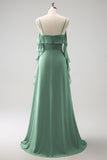 Grey Blue A Line Spaghetti Straps Chiffon Long Bridesmaid Dress with Slit