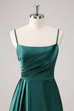 Dark Green A Line Spaghetti Straps Satin Ruched Long Bridesmaid Dress
