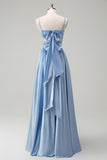 Sky Blue A Line Pleated Hollow Out Bridesmaid Dress with Bow