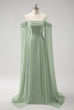 Light Green Cold Shoulder Detachable Sleeves A Line Chiffon Maxi Bridesmaid Dress